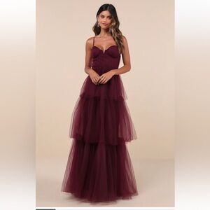 NWT/NWOT Lulus Unforgettable Poise Plum Purple Tulle Bustier Tiered Maxi Dress